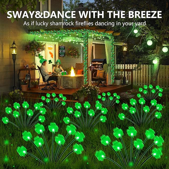 2 Pack St Patricks Day Decorations Solar Outdoor Lights, 18 LED Lucky Green Shamrock Irish Firefly Solar Lights, 2 Modes Waterproof St Patricks Day Light for Yard Garden Lawn Pathway Decor