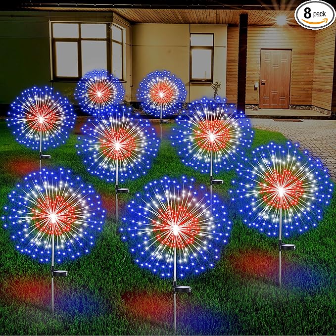 8 Pcs 4th of July Solar Firework Stake Lights 180 LED 8 Modes Solar Waterproof LED Sparkler Lights Outdoor Patriotic Decoration for Garden Patio Yard Pathway Walkway Lawn (Red White Blue)