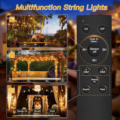 Ollny S11 50FT Outdoor String Lights with Remote, 3 Modes Dimmable Timers Waterproof Connectable Outside Lights, 24+2 LED Spare Bulbs Dusk to Dawn Hanging Light for Yard Balcony Camping Gazebo Garden