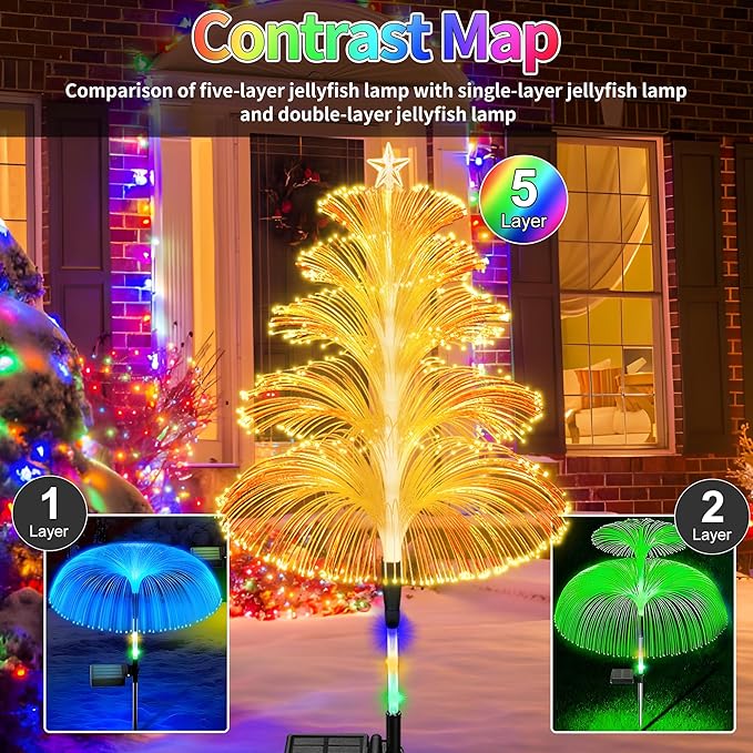Solar Christmas Decorations Trees Lights Outdoor Waterproof Solar Christmas Tree Jellyfish Lights 5 Layer Optical Fiber 7 Color Changing for Pathway Lawn Patio Outside Decorative, 3PCS