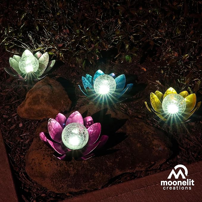 MCSLOTUS-B Blue Lotus Flower Solar LED Garden Light with Crackled Glass Globe – Waterproof Metal Outdoor Décor