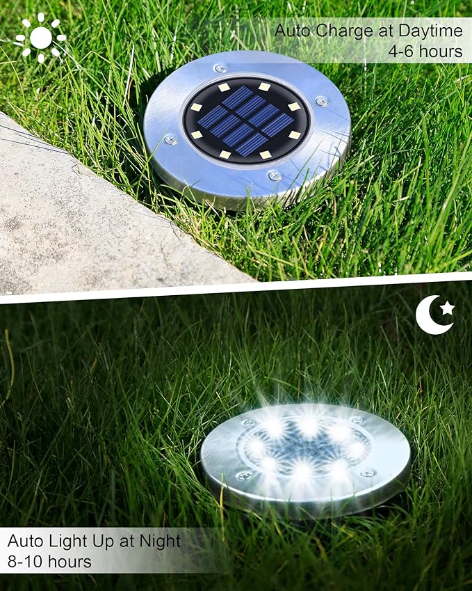 UFOND 8 Pack Solar Ground Lights, Outdoor Waterproof Garden Light Decor, Disk Solar Deck Light, Landscape Lighting | Lumora