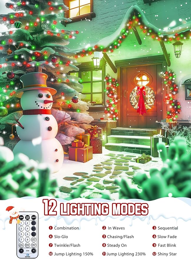 Minetom 50 Ft 1000 LED Cluster Lights Christmas Tree Lights Outdoor Christmas Firecrackers String Light, 12 Modes Timer Remote Waterproof Plug in Twinkle Light for Xmas Tree Party, Red Green ＆ White