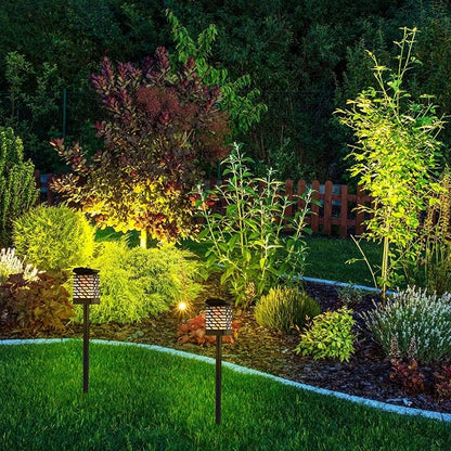 FRCOLOR Vintage Solar Landscape Path Lights Outdoor Lawn Lantern with Simulated Flame Effect, Black Warm Light, Faceted Shade, Ground Stake and Wall Mount for Garden Patio Yard