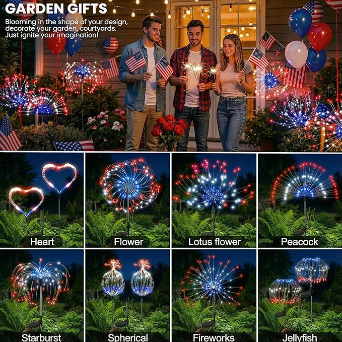 ITICdecor Solar Garden Lights Firework Lights 2 Pack 120 LED Red White Blue Solar Fairy Light Outdoor Waterproof for Independence Day President Memorial Day Christmas Party Patriotic Decorations