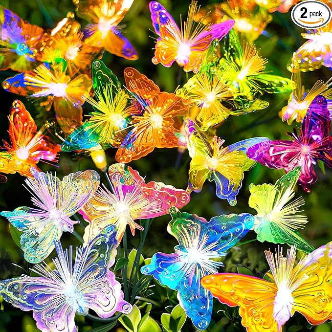 Solar Garden Lights Outdoor: 2Pack 16LED IP65 Waterproof Wind Swaying Butterfly Flower Light - Fairy Colarful Decorations for Outside Yard Patio Cemetery - Angel Christmas Gifts for Mom Women