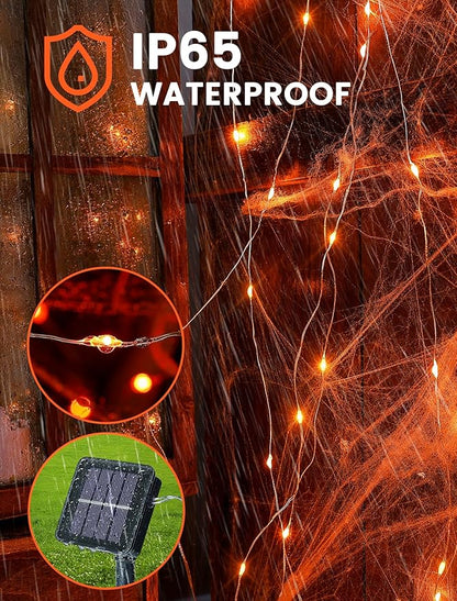 2 Pack Orange Solar Fairy Lights Outdoor,Each 33ft 100 LED Solar Powered Halloween String Lights,Waterproof Copper Wire Twinkle Light for Thanksgiving Christmas Trees Party Yard Decor