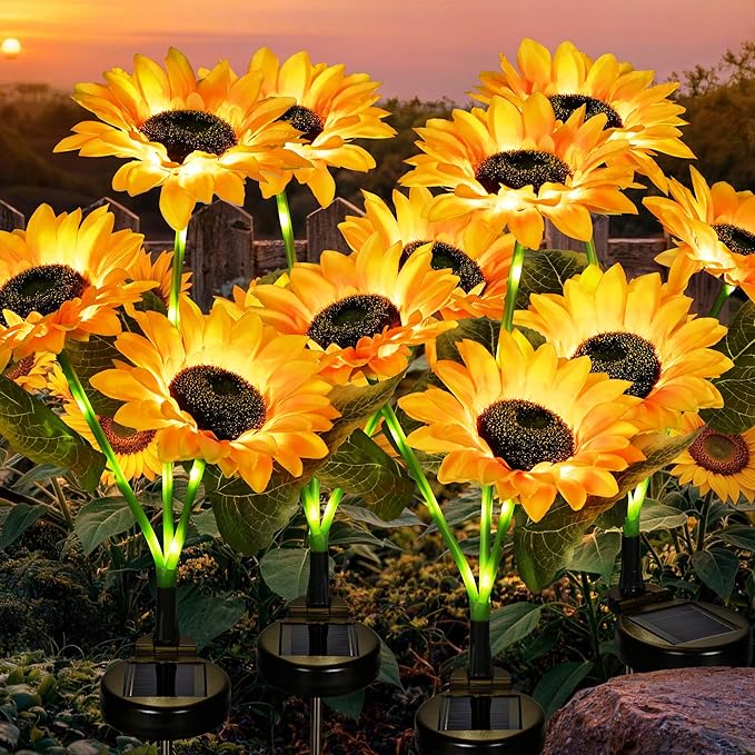 GIGALUMI Solar Garden Lights Artificial Flowers, LED Garden Decor Carefree Sunflower Solar Lights Outdoor Yard Decorations Outdoor, Everlasting Sunflower Decor Gift for Outside Yard Patio (Set of 4)