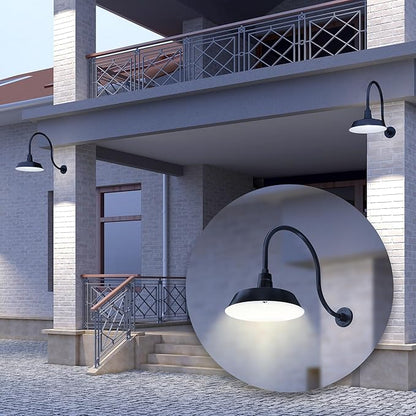14in. Satin Black Outdoor Gooseneck Barn Light Fixture With 24in. Long Extension Arm - Wall Sconce Farmhouse, Antique Style - UL Listed - 9W 900lm A19 LED Bulb (5000K Cool White) - 2-Pack
