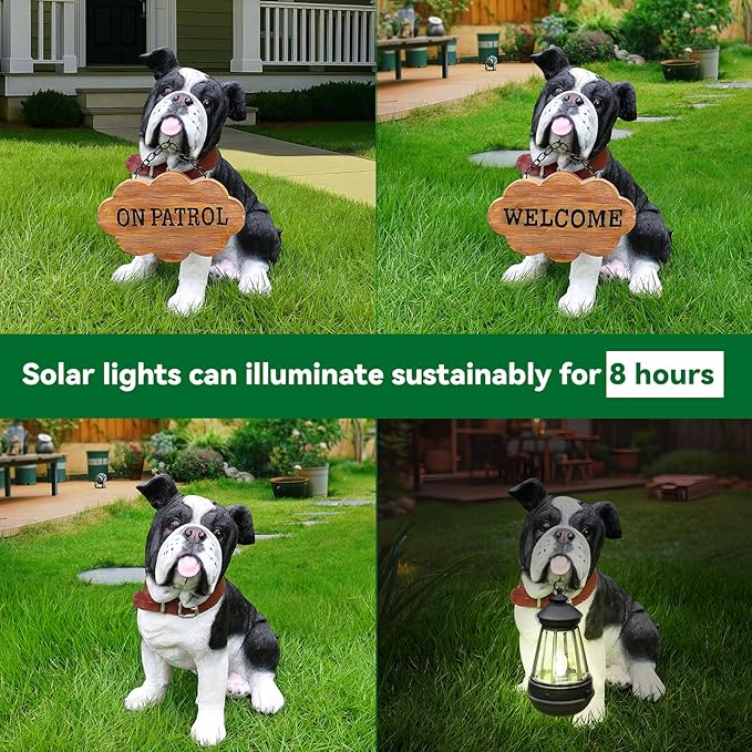 Outdoor English Bulldog Dog Statue with Interchangeable Welcome Sign and Detachable Solar Lantern –LED Light Garden Dog Sculpture Décor, Cute Puppy Design for Yard, Porch, Gift