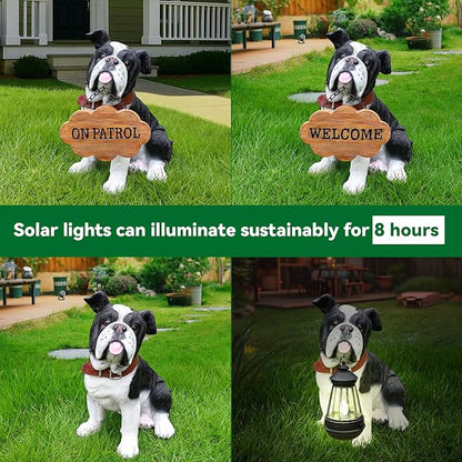 Outdoor English Bulldog Dog Statue with Interchangeable Welcome Sign and Detachable Solar Lantern –LED Light Garden Dog Sculpture Décor, Cute Puppy Design for Yard, Porch, Gift