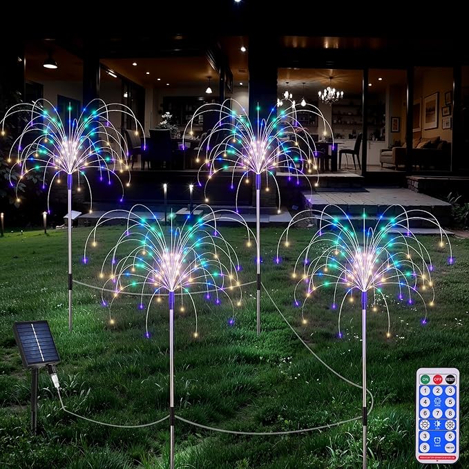Presence Solar Garden Lights Outdoor Waterproof - 4 Pcs with 8 Modes, 120 LED Multicolor Firework Lights for Yard, Path, Patio, Flowerbed