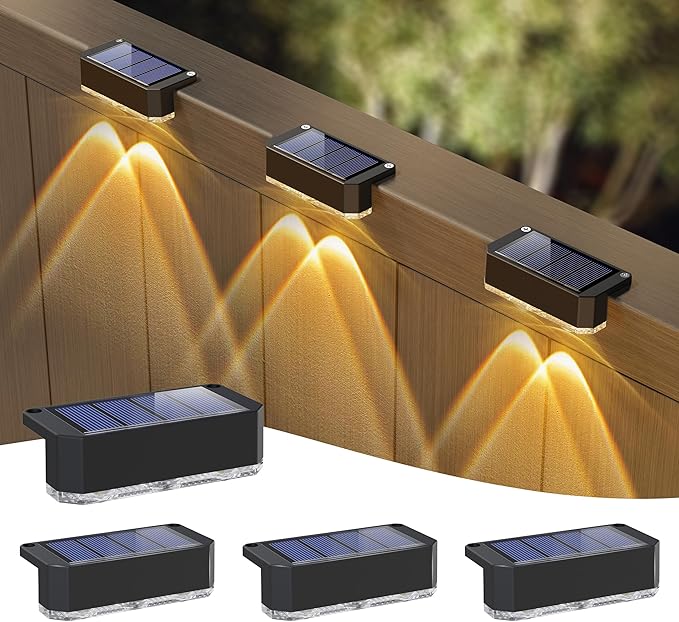 Peasur Solar Fence Lights Outdoor 4 Pack, Waterproof LED Steps Light Solar Powered, Deck Lights for Railing Yard Outside(Warm White)