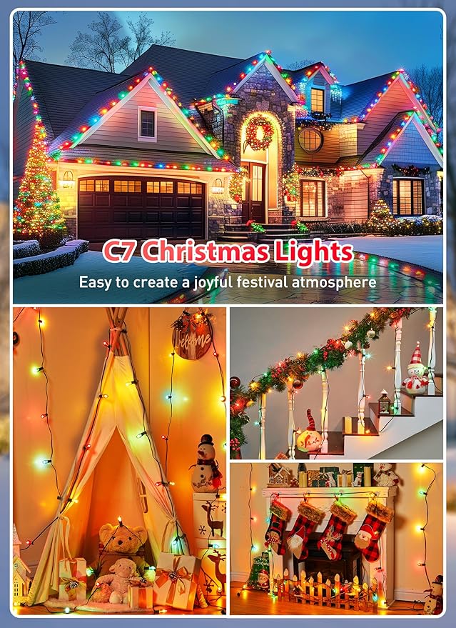 Minetom C7 Christmas Lights Outdoor 50 Feet Multicolor Christmas String Lights Green Wire for Room Roofline House Garden Patio Backyard Cafe Party Xmas Home Decorations, 50 Clear Bulbs