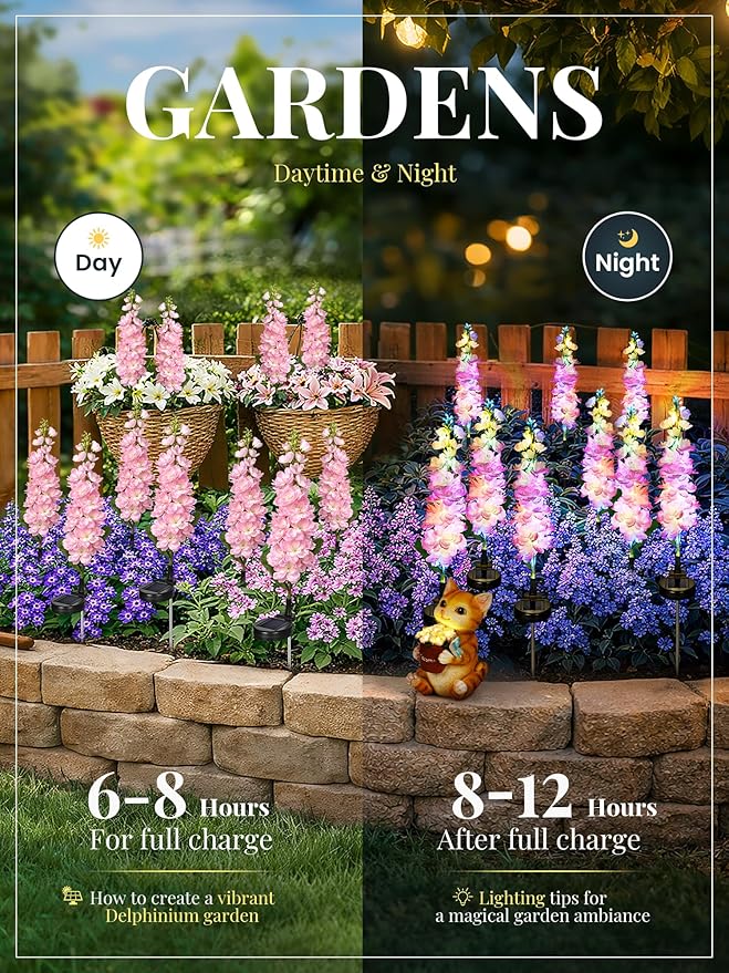 GIGALUMI Solar Lights Outdoor for Garden Decor, 2 Pack Solar Flower Lights Waterproof, 2 Lighting Modes Delphinium for Pathway,Yard, Patio Decoration, Gardening Gifts for Women (Pink)