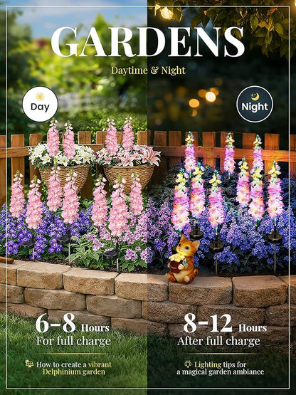 GIGALUMI Solar Lights Outdoor for Garden Decor, 2 Pack Solar Flower Lights Waterproof, 2 Lighting Modes Delphinium for Pathway,Yard, Patio Decoration, Gardening Gifts for Women (Pink)
