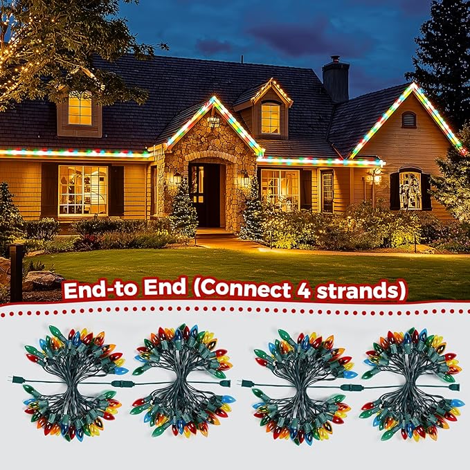 Brightown 25 Feet C9 Bulb String Lights Outdoor Multicolored Christmas Lights Green Wire for Outdoor Patio Room Party Backyard Decoration, 25 Bulbs