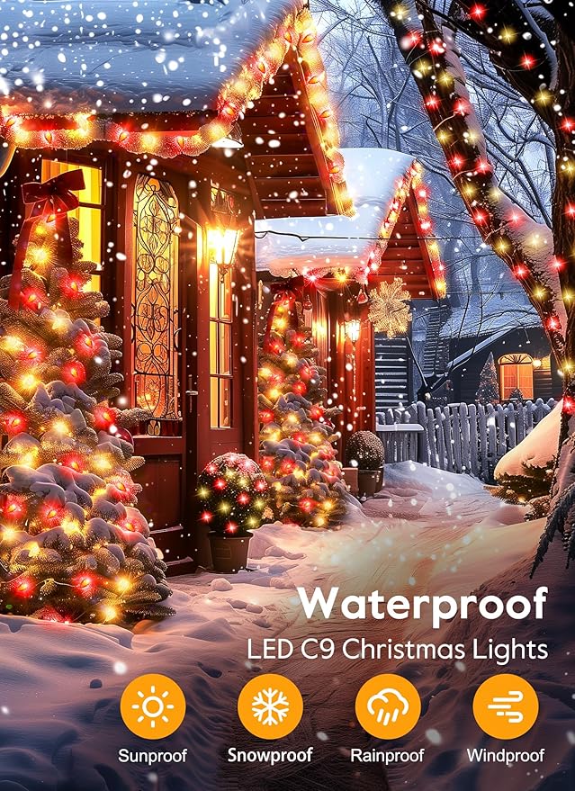 C9 Christmas Lights Outdoor Waterproof, 114 Feet 150 LED C9 String Lights with Timer & 8 Light Mode, Connectable Christmas Tree Lights for Indoor Outside Roofline Patio Decoration, Red & Warm White