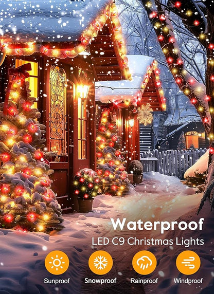 C9 Christmas Lights Outdoor Waterproof, 114 Feet 150 LED C9 String Lights with Timer & 8 Light Mode, Connectable Christmas Tree Lights for Indoor Outside Roofline Patio Decoration, Red & Warm White