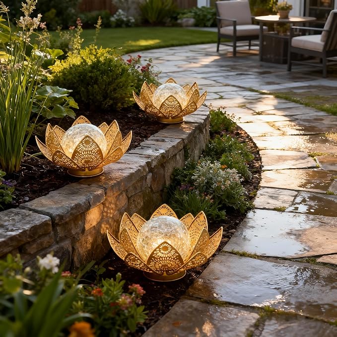 Solar Lights Outdoor Waterproof Lotus Flower Metal Yard Art Decoration Crackle Globe Glass Solar Lamp Garden Decor for Outside, Flowerbed Lawn Patio Porch Pathway Pond Decorations