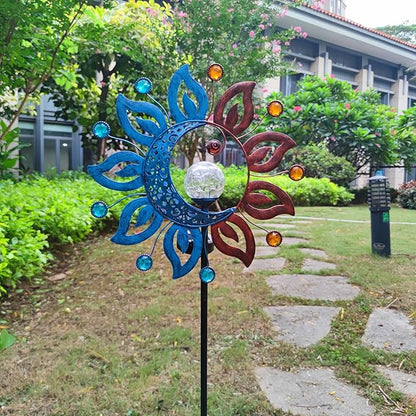 Sun Moon Solar Lights Garden Stake Outdoor Decoration,Sun Moon Crackle Glass Globe Solar Metal Stake Light, Waterproof LED Light for Pathway Lawn Patio Courtyard Backyard(39 Inch)