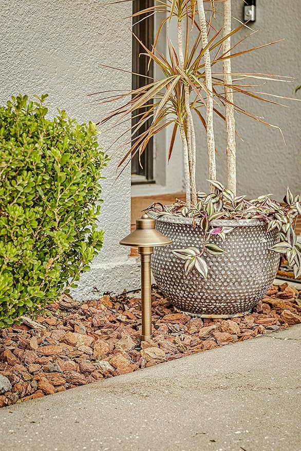 VOLT Flat Hat 12V Brass Mini Path Light (5" Shade, 15" Tall) with 3W 2700K Warm White G4 LED Bulb for Low Voltage Landscape Lighting on Outdoor Pathway, Walkway, Garden, Driveway or Patio