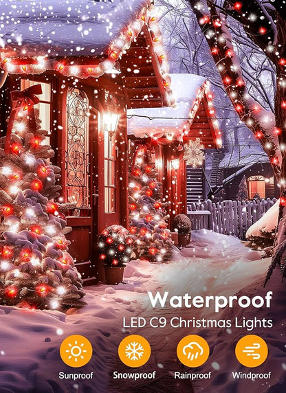 C9 Christmas Lights Outdoor Waterproof, 114 Feet 150 LED C9 String Light with Timer & 8 Light Mode, Connectable Christmas Tree Lights for House Outside Roofline Indoor Decoration, Red & Pure White
