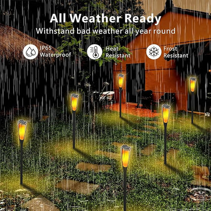 Solar Pathway Lights, 2 Pack Solar Garden Lights with Warm Light Flickering Flame & RGB Gradient, Solar Lights Outdoor Waterproof Decor Lights for Yard Lawn Landscape Walkway Driveway (Flower-4Pack)