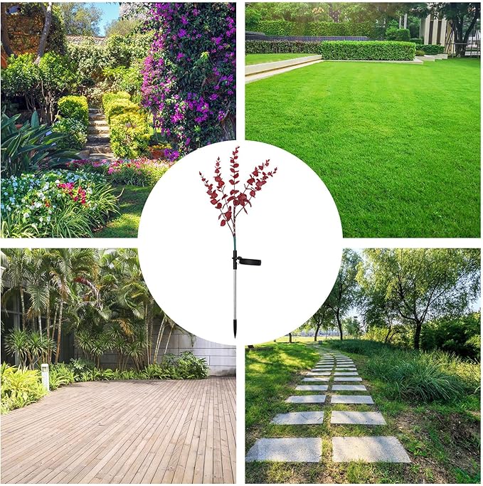 Cabilock Solar Eucalyptus Leaf Lawn Light Outdoor Solar Pathway Lamp Garden Decorative Flower-Shaped Patio Light with Dark Red Simulation Leaves