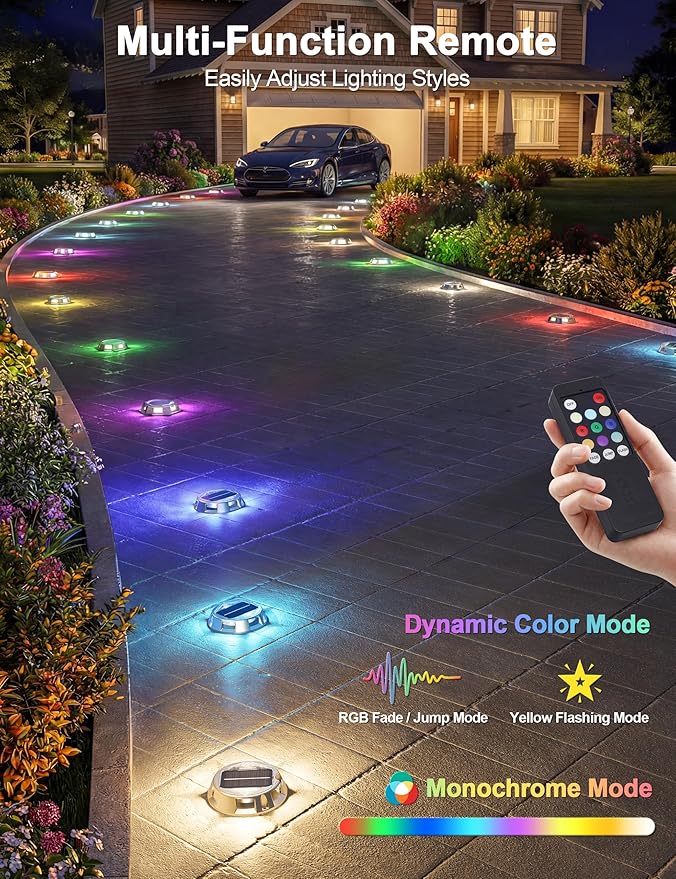 VOLISUN Solar Driveway Lights with Remote Control 8 Pack, 9-Color Changing & 12 Modes IP68 Waterproof for Marine | Lumora