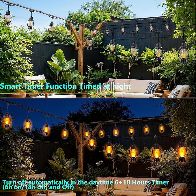 Flame String Lights Indoor Outdoor, 21FT Patio Lights with 10 Flickering Flame Bulb, Timer, Waterproof LED Outdoor Decorative Orange Lights for Patio, Yard, Bistro, Porch, Garden Decor