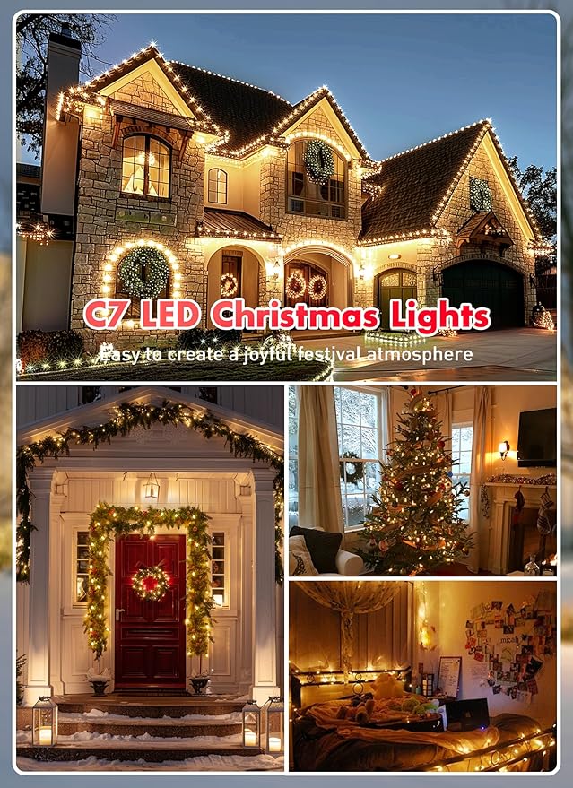Minetom Multicolor C7 LED Christmas String Lights, 50FT 50 Lights C7 Vintage Christmas Lights, Commercial Connectable Christmas Tree Lights for Xmas Holiday Roofline Garden Wedding Decor, Warm White