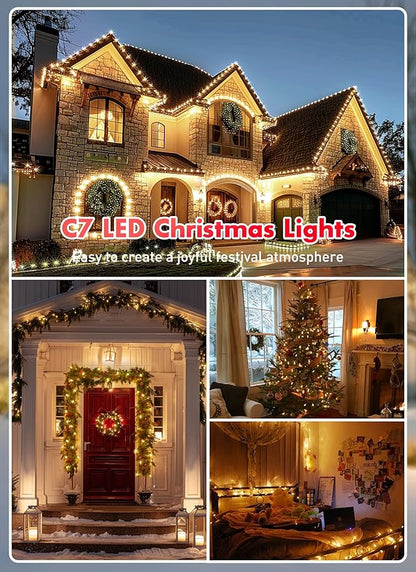 Minetom Multicolor C7 LED Christmas String Lights, 50FT 50 Lights C7 Vintage Christmas Lights, Commercial Connectable Christmas Tree Lights for Xmas Holiday Roofline Garden Wedding Decor, Warm White