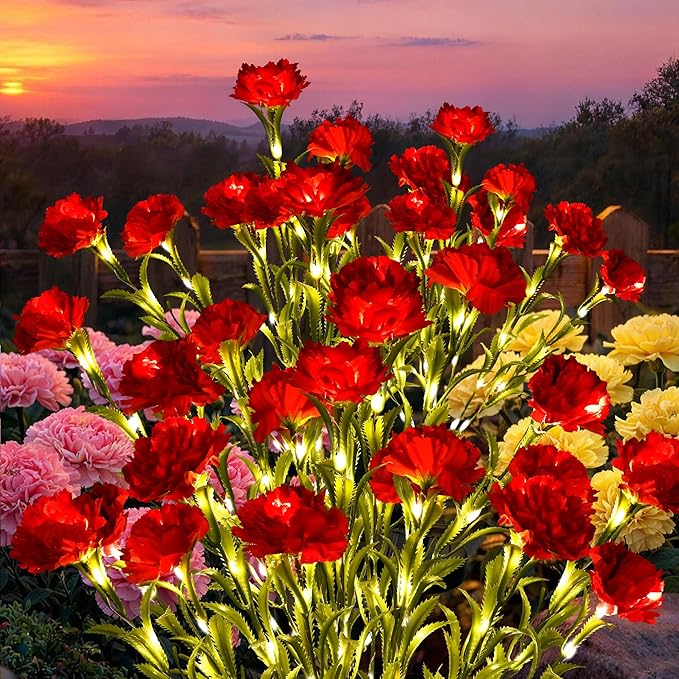 GIGALUMI Solar Lights Outdoor for Garden Decor, 4 Pack Solar Flower Lights Waterproof, 2 Lighting Modes 28 Carnation Flowers for Pathway,Yard, Patio Decoration, Gardening Gifts for Women (Red)