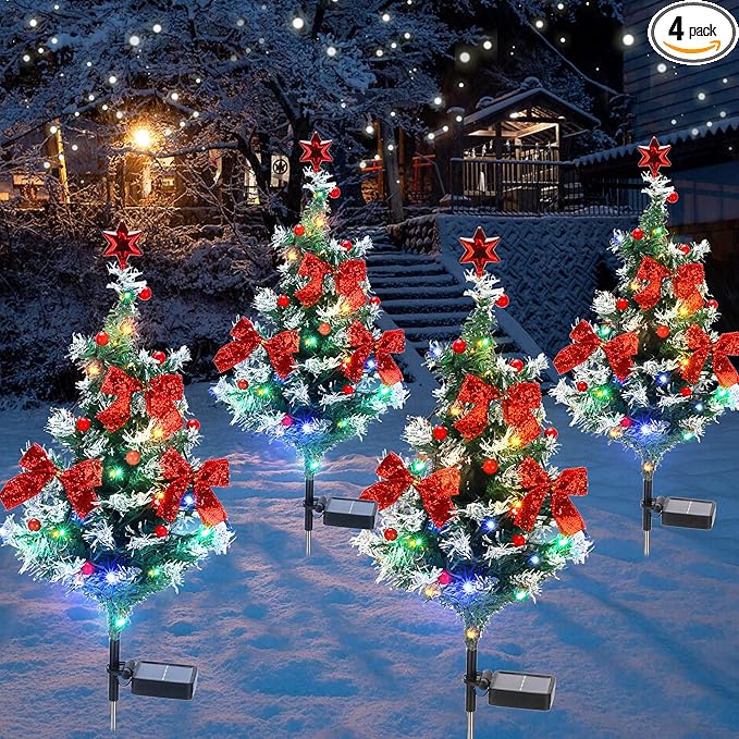 Solar Christmas Tree Light - Christmas Waterproof Small Pathway Lights, Outdoor Lights Christmas Decorations Cedar Xmas Tree with 20 LED Lights in 4 Colors for Garden/Yard/Patio, 4 Packs