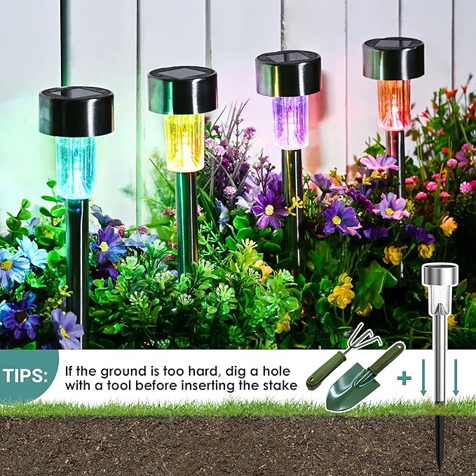 GIGALUMI Solar Lights Outdoor Waterproof, 20 Pack, Stainless Steel LED Solar Garden Lights for Patio, Lawn, Yard and Landscape,Garden Decor Patio Decor, Multicolor