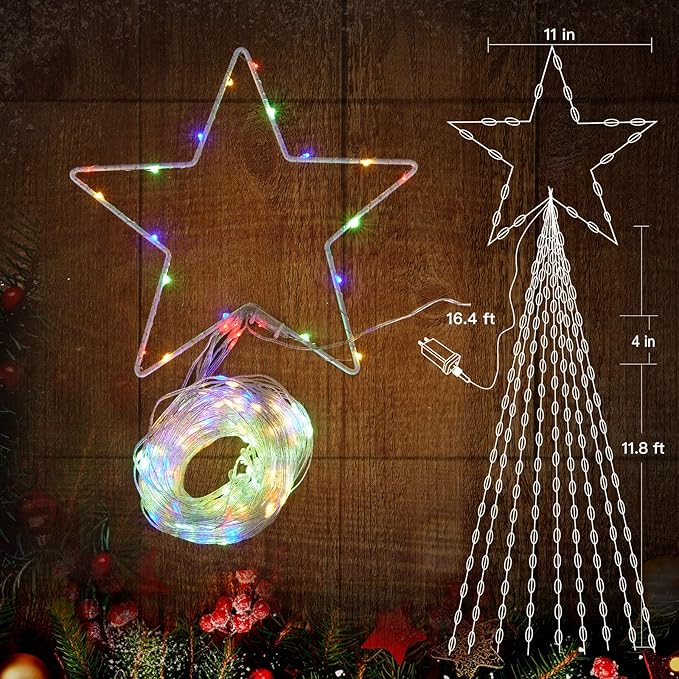 Christmas Decorations Star String Lights - 344 LED Waterfall Tree Lights with 11" Topper Iron Star Christmas Lights Indoor Outdoor Decorative for Wedding Party Home Holiday Decoration, Muitlcolor