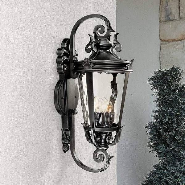 John Timberland Casa Marseille European Outdoor Wall Light Fixture Textured Black Scroll Arm 31" Clear Hammered | Lumora