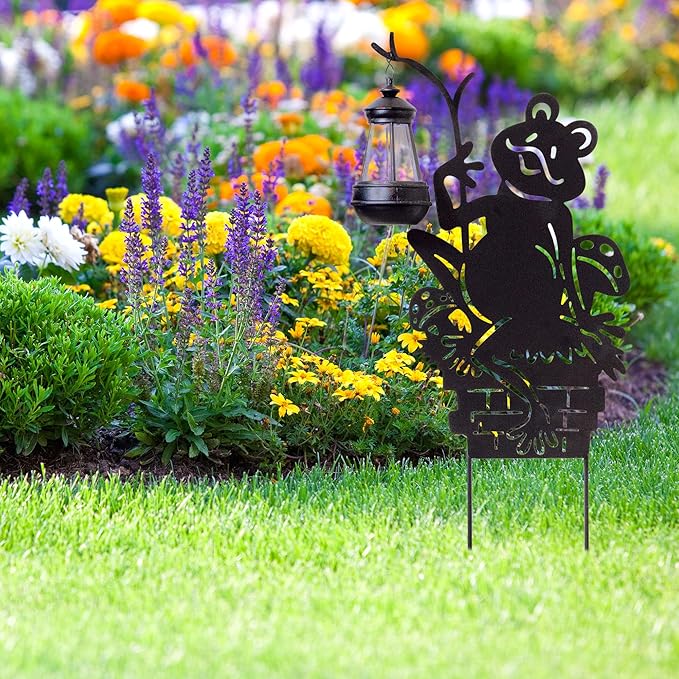 Frogs w/Lamp Solar Garden Stakes (2-Pack); Set of 2 Lawn Ornament Metal Silhouettes with Solar-Rechargeable Lanterns