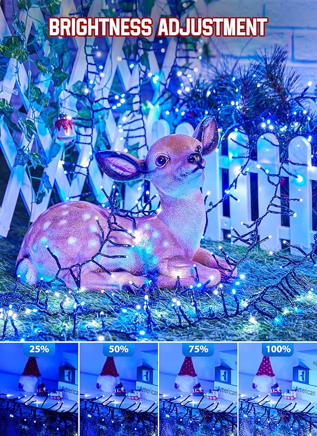 Minetom 50 Ft 1000 LED Cluster Christmas Tree Lights Outdoor Firecrackers String, 12 Modes Timer Remote Waterproof Plug-in Twinkle for Xmas Tree Party, Blue & Cool White