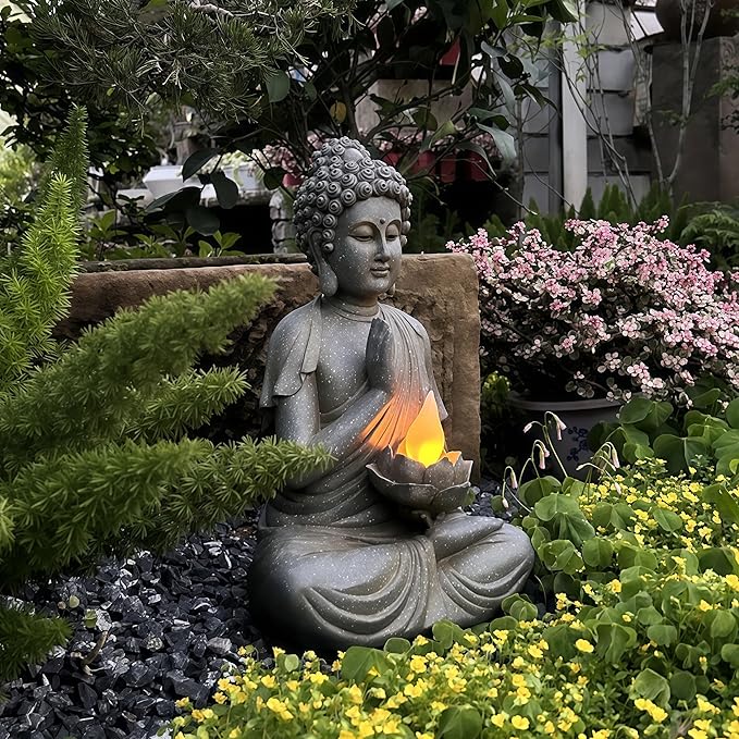 FENGSHUI-CAISHEN Solar Buddha Statue Outdoor, Waterproof Outdoor Solar Light for Garden, Solar Garden Decor, Zen Accessories, Patio Buddha Decor (A)