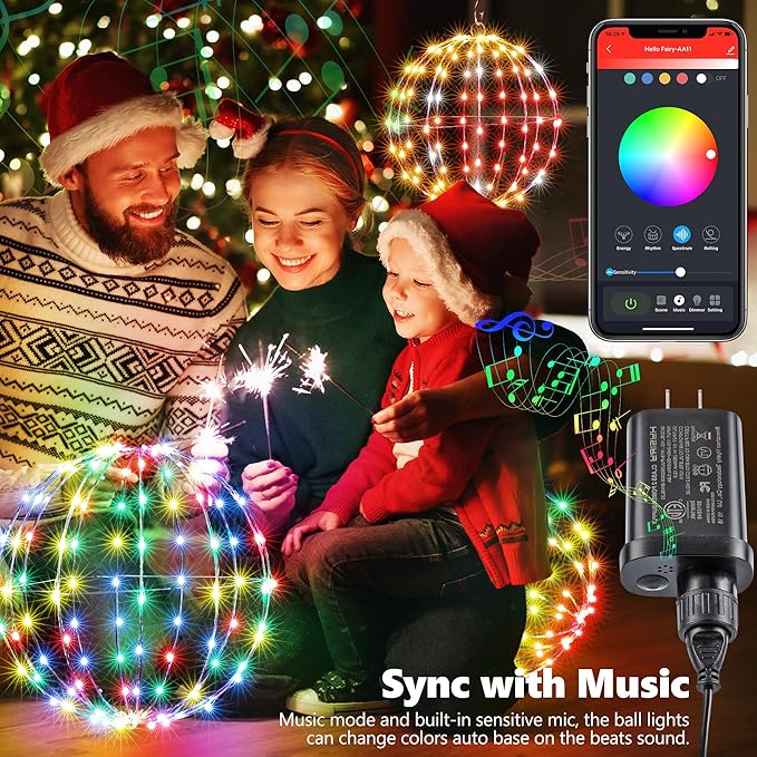 Joomer Smart RGB Christmas Hanging Ball Lights, 12in 108 LED Foldable Color Changing Xmas Light, App and Remote | Lumora