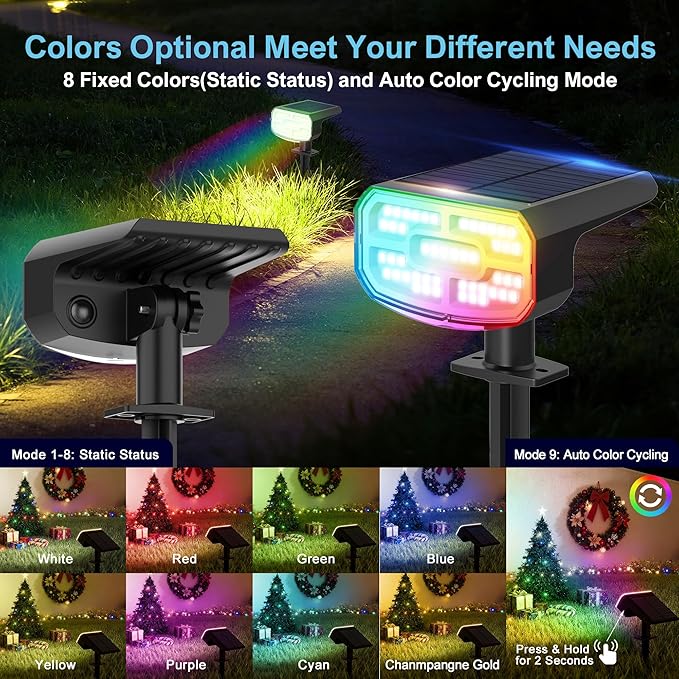 Color Changing Solar Spot Lights Outdoor Waterproof IP65,9 Lighting Modes Multicolor RGB Christmas Spotlight for | Lumora