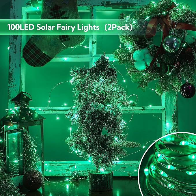 Woohaha 2 Pack 100 LED Solar Green String Lights, 33ft Waterproof Green Solar Fairy Lights for Christmas Tree Party Wedding Halloween St. Patrick's Day Decor