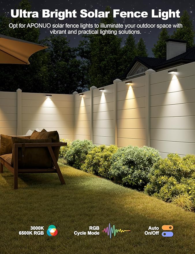 APONUO Solar Fence Lights Outdoor Waterproof, Fence Lights Solar Powered, 12 RGB Color Modes & Warm White & Cool White, Fence Solar Light Outdoor for Backyard, Patio, Yard, Wall, Deck（Black, 8 Pack）