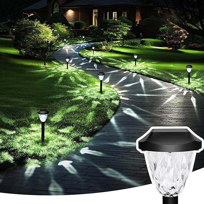 GIGALUMI Solar Pathway Lights, Outdoor Waterproof, Auto On/Off, LED, White, 14 Count, Modern, Classic Style, Crystal, Highly Efficient, Patio, Yard, Landscape, Walkway