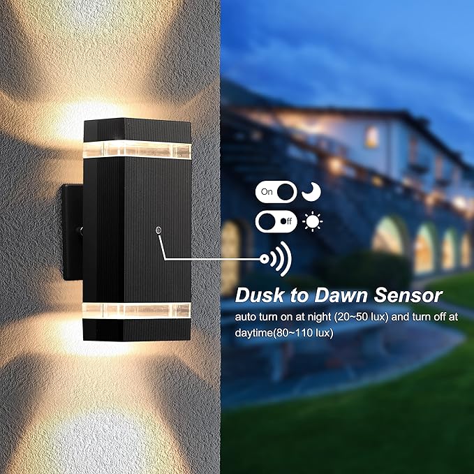 LMP 2 Packs Dusk to Dawn Outdoor Lighting, Wall Sconce with 5w LED Bulbs, Outside Lights for House IP65 Waterproof Aluminum Up and Down Outdoor Lights for House, Garage, Porch, Doorway