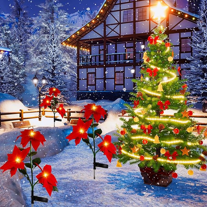 VIHOSE 4 Pieces Christmas Solar Poinsettia Stake Light Flowers Waterproof Trees Pathway Lights for Cemetery Grave Pathway Yard Garden Lawn Outdoor Xmas Decoration