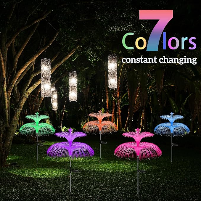 Solar Garden Lights 3 Pack Waterproof Outdoor 7 Color Changing Solar Flower Lights Double Jellyfish and Star Design Christmas Yard Garden Decor
