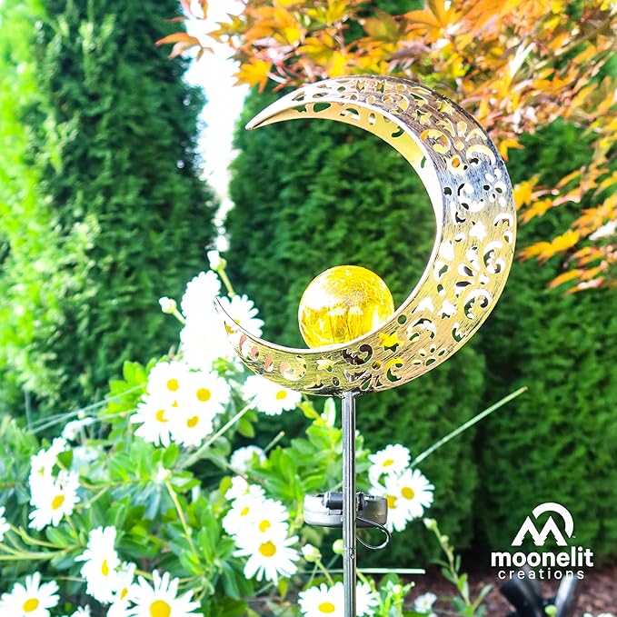 MCSSMOON Solar LED Crescent Moon Garden Light – Waterproof Metal Stake with Crackled Glass - Outdoor Path Light | Lumora